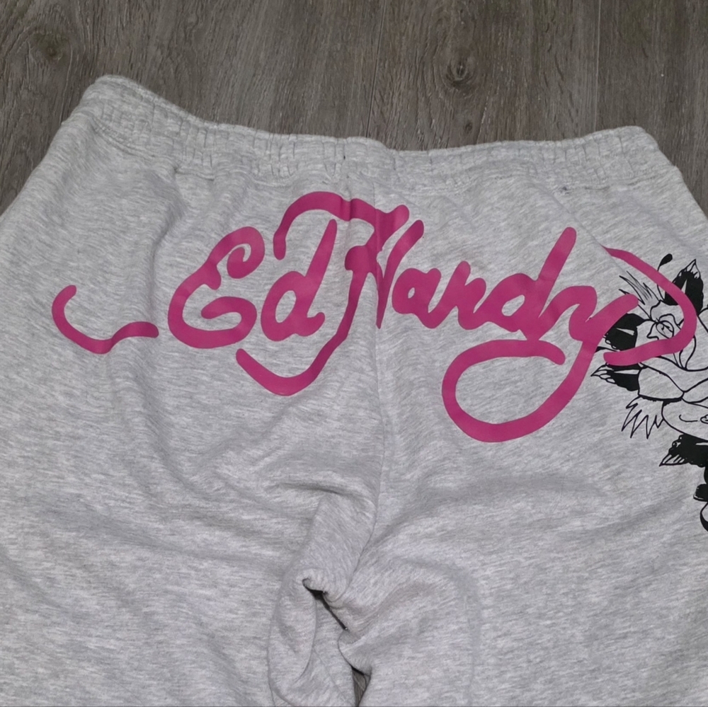 ED HARDY Rose And Sword Sweatpants Womans Sz 1XL Wide Leg Heather Grey - Picture 4 of 9